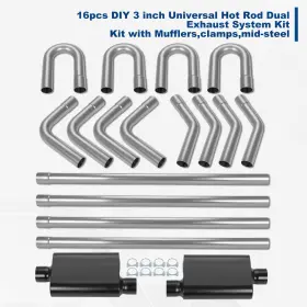 Spmty-0004 Speedracingturbo 16pcs Diy 3 Inch Hot Rod Mild Steel Dual Exhaust System Kit With Mufflers And Clamps